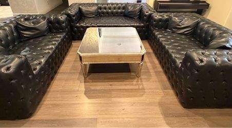 Black Tufted Leather Chesterfield Sectional Sofa Set
