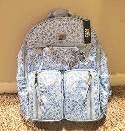NEW Madden NYC Women's Double Pocket Dome Backpack in Blue Flower Print