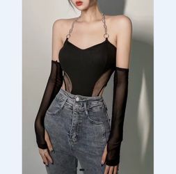Black Ribbed Halter Bodysuit with Chain Strap