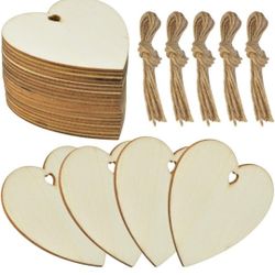 obmwang 30 Pieces 3 Inch Natural Heart Wood Slices, DIY Wood Embellishments, Unfinished Pre-Drilled Heart Embellishments with Twine for Wedding, Thank