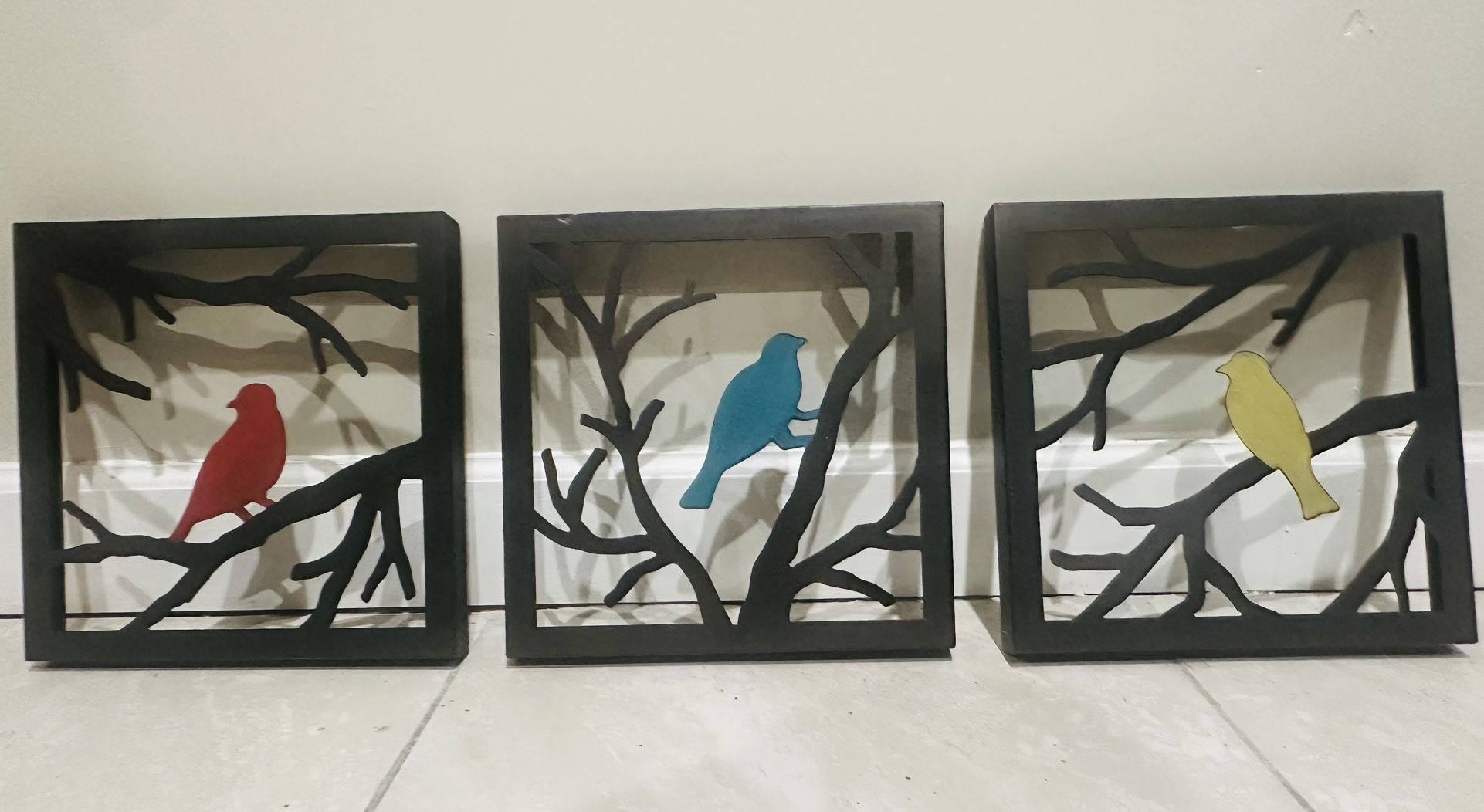 🎨 Set of 3 Framed Metal Wall Art – Colorful Birds on Branches