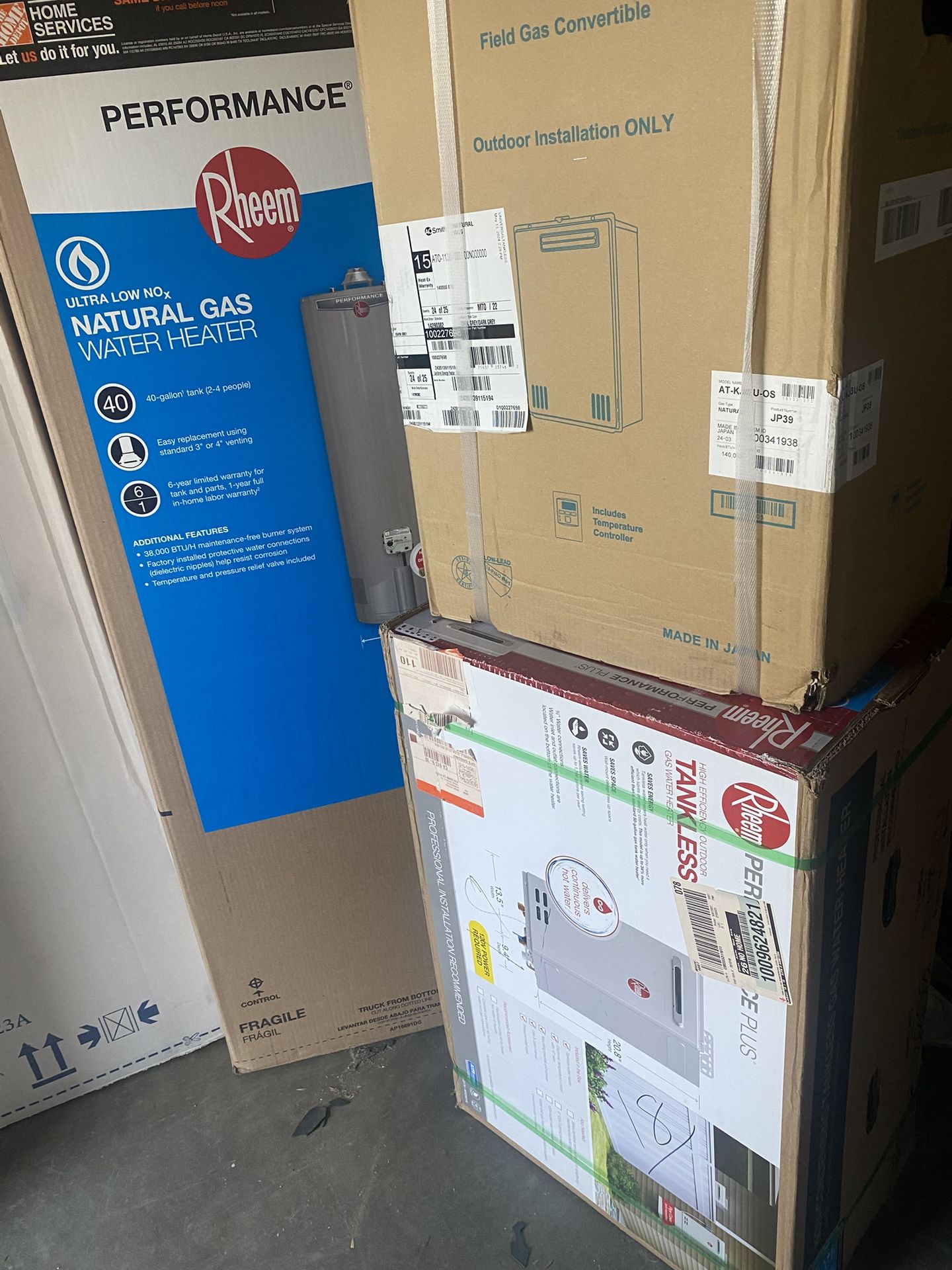 Outdoors, tankless water heaters