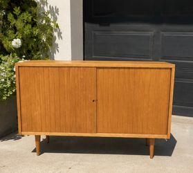 Vintage Mid-Century Modern Tambour Door Credenza / Sideboard – Danish Modern Style