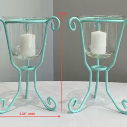 Pair of Freshly Painted Sea Mist Metal Stands with Glass Jar Inserts & White Votive Candles