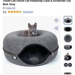 New Cat Travel Donut Bed Calming Pet Case Grey  