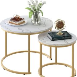 Newly Assembled Coffee Table Nesting White Set of 2 Side Set Golden Frame Marble Pattern Wood Table 
