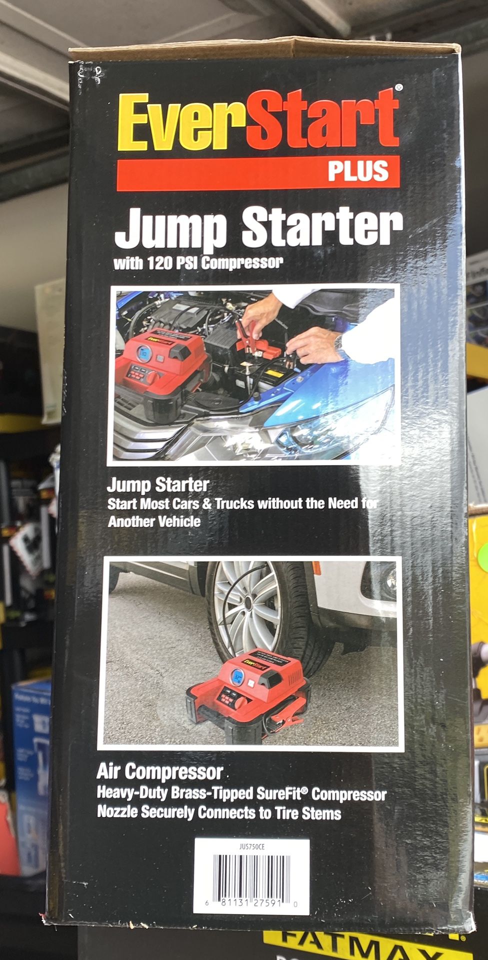 The EverStart 750 Peak Amp Jump Starter with Compressor features
