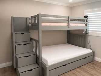 Gray Wood Bunk Bed with Storage Stairs and Trundle