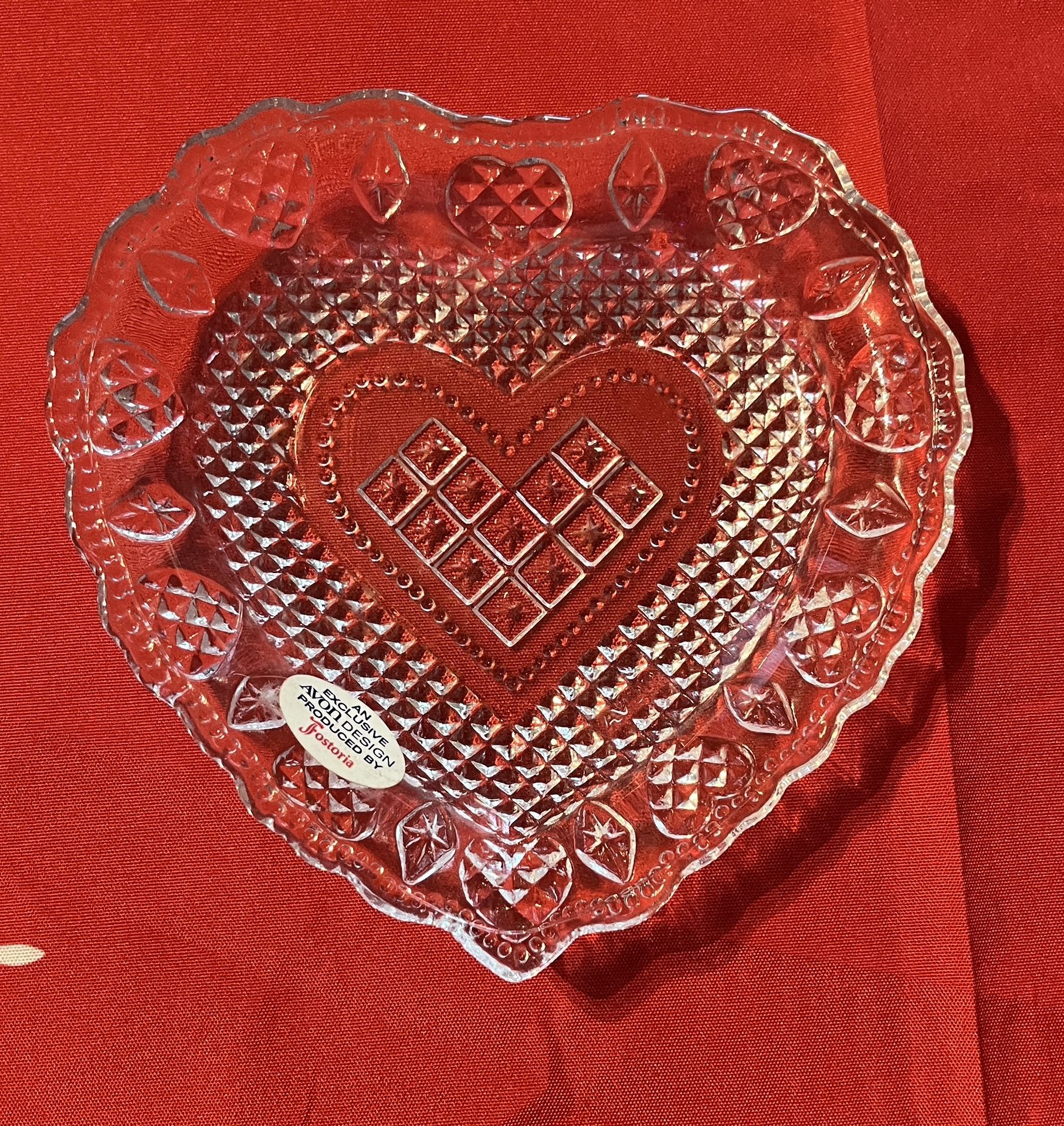 Vintage Avon Fostoria Hearts & Diamonds Glass Jewelry / Trinket Dish