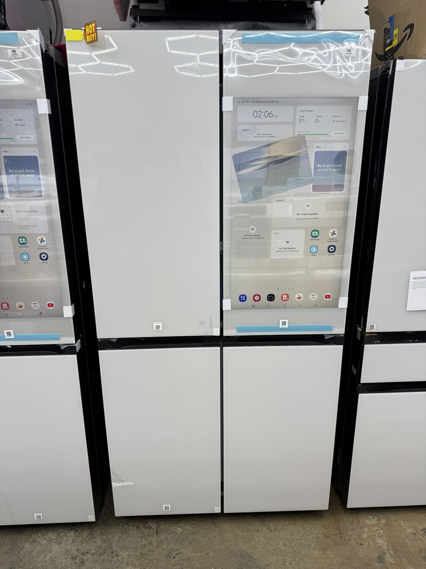 Brand new Samsung Bespoke 23 cu. ft. Counter Depth 4-Door Flex French Door Refrigerator in White Glass with Family Hub+