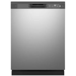 Modern stainless steel dishwasher with control panel