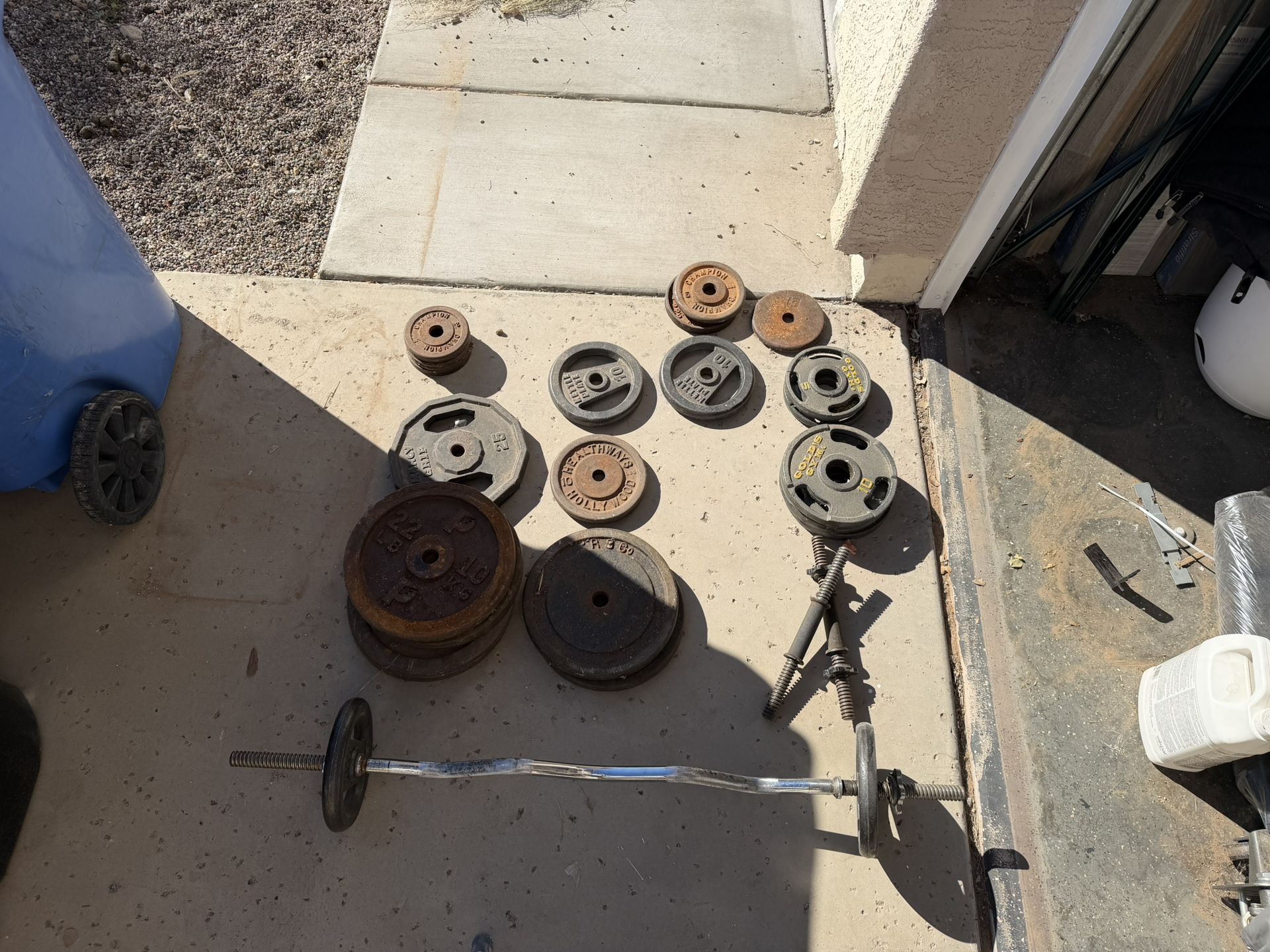 Vintage/Modern Plates, Dumbbell Handles & Curl Bar