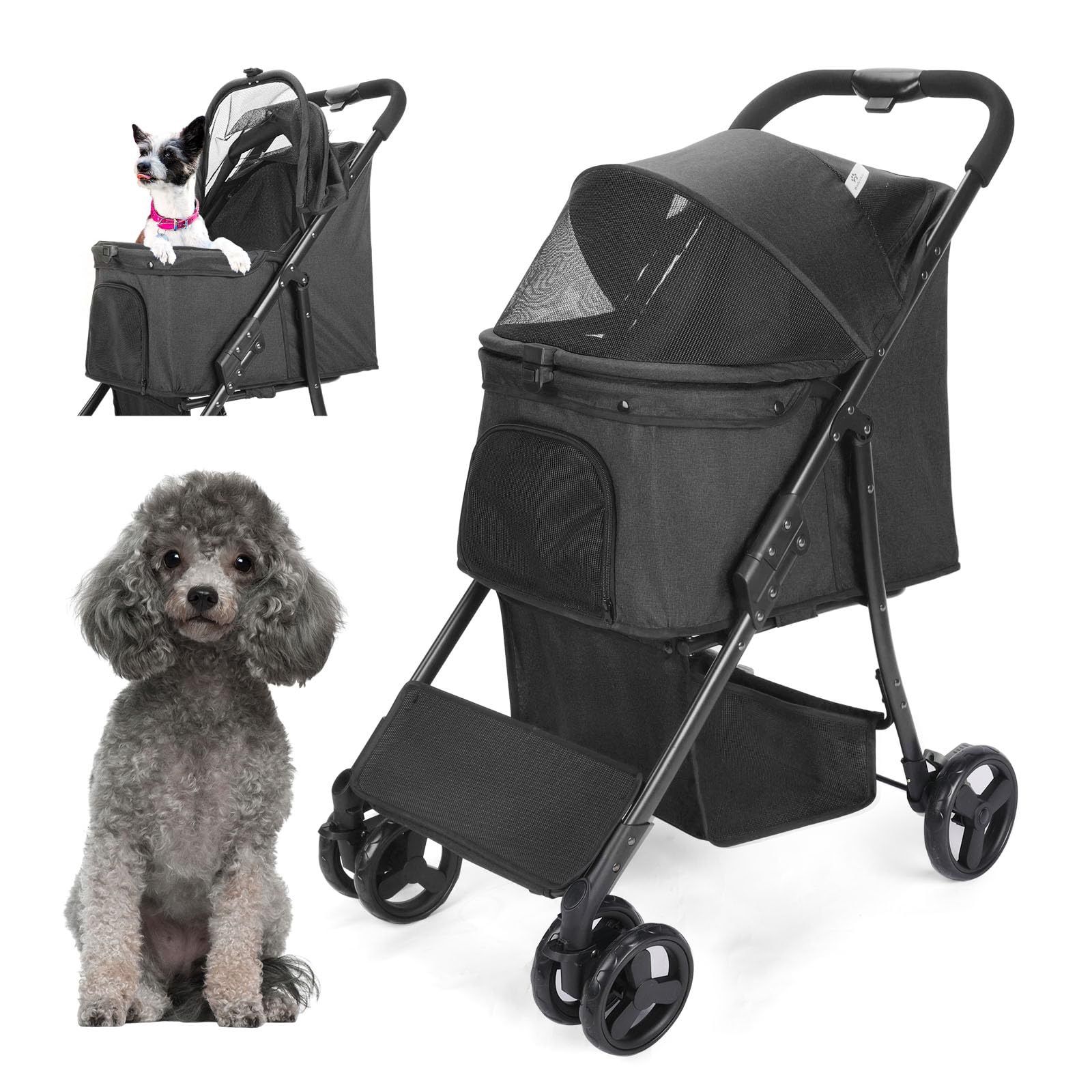 Wedyvko Dog Stroller for Small Dogs Cats, Pet Stroller with Adjustable Canopy, Basket, Dog Poop Bags & Dispenser, 360° Swivel Wheels & Brake for Outdo
