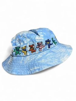 Grateful dead, Peter Grimm bucket hat with blue and white tie-dye and a row of colorful cartoon bears along the brim #tiedye #cartoon