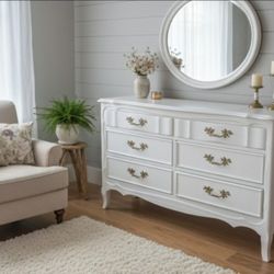 White Solid Wood Dresser With Vintage Gold Knobs 