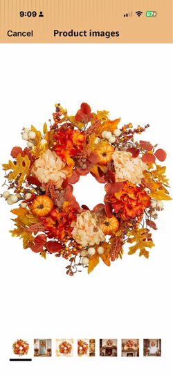 24 Inch Fall Wreath for Front Door, Artificial Autumn Leaves with Pumpkins