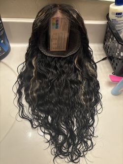 Human Hair Brown w/ Golden Blonde highlights Wavy Wig