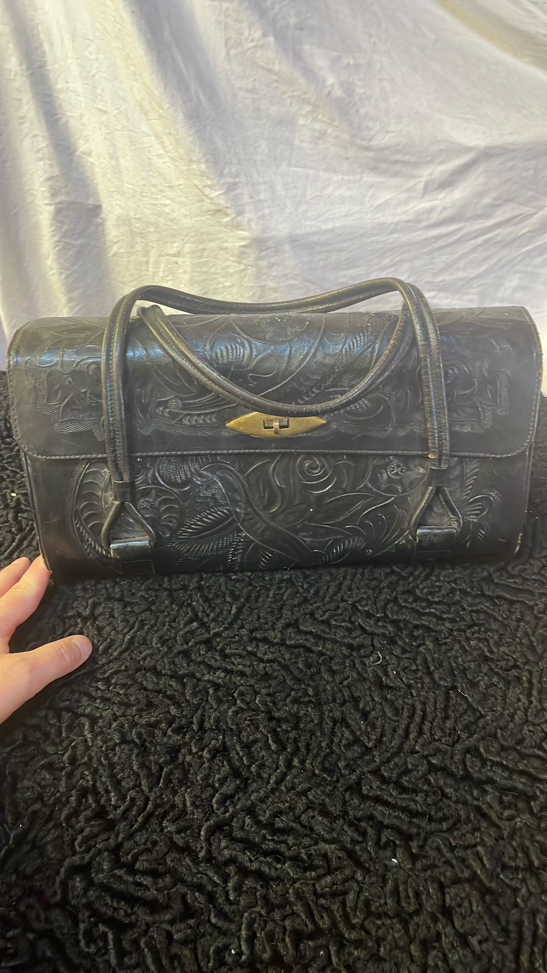 Vintage 70s Black Tooled Western Hand Bag 