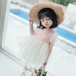 Children's clothing summer Korean style dress princess skirt tutu skirt cute plaid stitching gauze skirt small dress