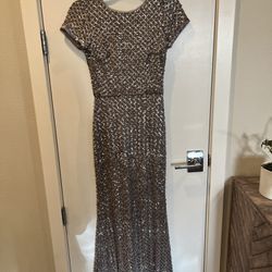 Aqua Belted Sequin Gown, Size 4. Worn One Time