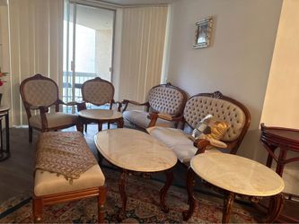 Full Salon Living Room Set – 2 Sofas + 2 Chairs + Bench + Coffee & Side Marble Tables – $550 OBO