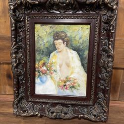 G. Bruce Personal Ornate Painting Heavy Dark Ornate Wood Frame Decorative Carvings