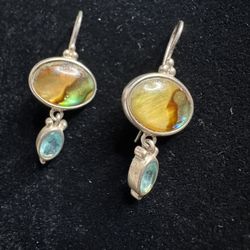 Sterling Silver Abalone & Blue Stone Drop Earrings