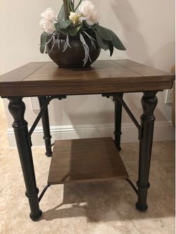 End table brown wood and metal legs