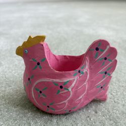 Vintage Wooden Hand, Painted Pink Chicken, Folk Art, Egg, Or Candle Holder