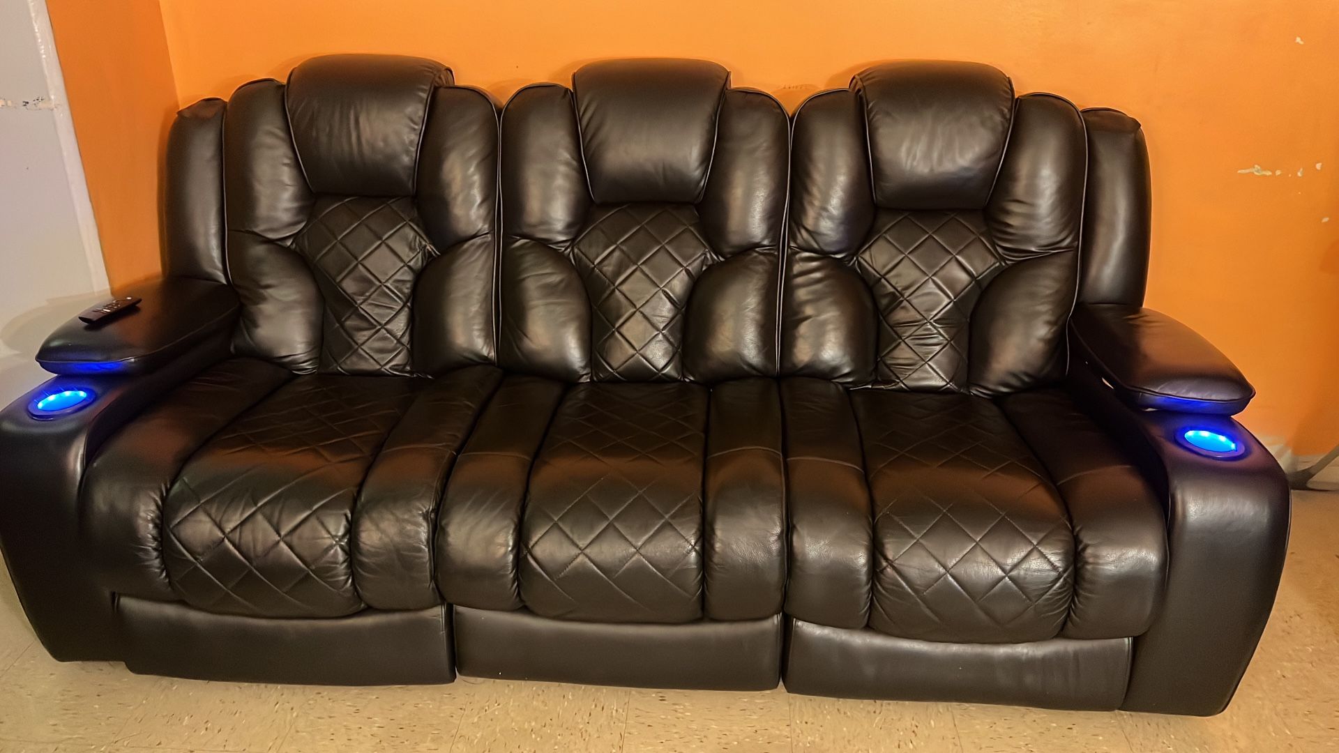 Leather Sofa And Recliner With Blue LED Lights TAKING BEST OFFER!!!!