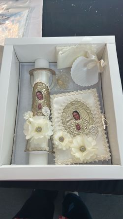 Baptism Candle Set for Boys and Girls,5 PCS Baptism Kit Virgen De Guadalupe Catholic Candle,Towel,Shell,Rosary,Bible for Baptismal Christening First C