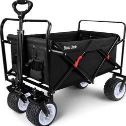BEAU JARDIN Folding Beach Wagon Cart 300 Pound Capacity Collapsible Utility Camping Grocery Canvas Portable Rolling Outdoor Garden Sports Heavy Duty S