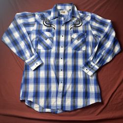 Ely Cattleman Rockabilly Shirt Mens Sz-M Embroidered Blue Plaid Pearl Snaps
