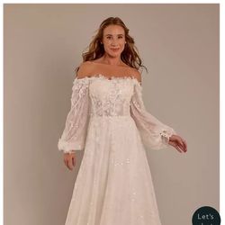 BILLOWY LONG SLEEVE OFF-THE-SHOULDER WEDDING DRESS,IVYSTONE,20W