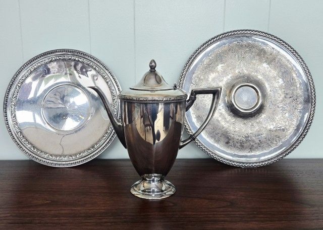 Vintage Silver Platters And Teapot. 
