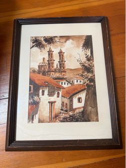 Taxco Street Scene Watercolor of Santa Prisca Church