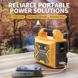 300W Portable Power Station with extra Solar panel！296Wh/80000mAh Solar Power Generator, 110V Pure Sine Wave AC Outlet Backup Power Supply for Outdoor