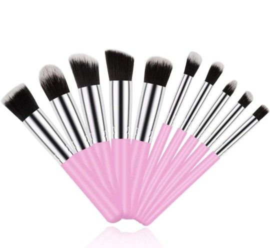 Make Up Brush, 10 Piece Soft Pink Makeup Brushes Set Portable Kabuki Liquid Cream Brushes with Cruelty-Free Synthetic Fiber Bristles Beauty Tools