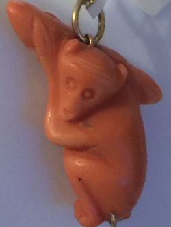 Vintage Antique Hand Carved Natural Mediterranean Pink Coral Monkey w/Banana Charm, 14K Yellow Gold, Unique, Large