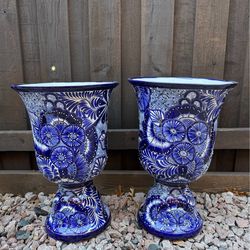 Mexican Talavera Blue Urns Planters, Pottery, Clay Pots.