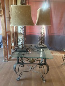 Wrought Iron Glass Top End Table with 2 Lamps