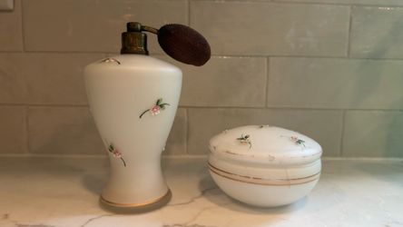 Vintage Satin glass perfume and powder dish vanity set.