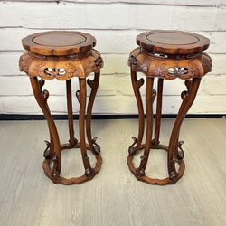 Asian Carved Plant Stand Vase Tables 2pc