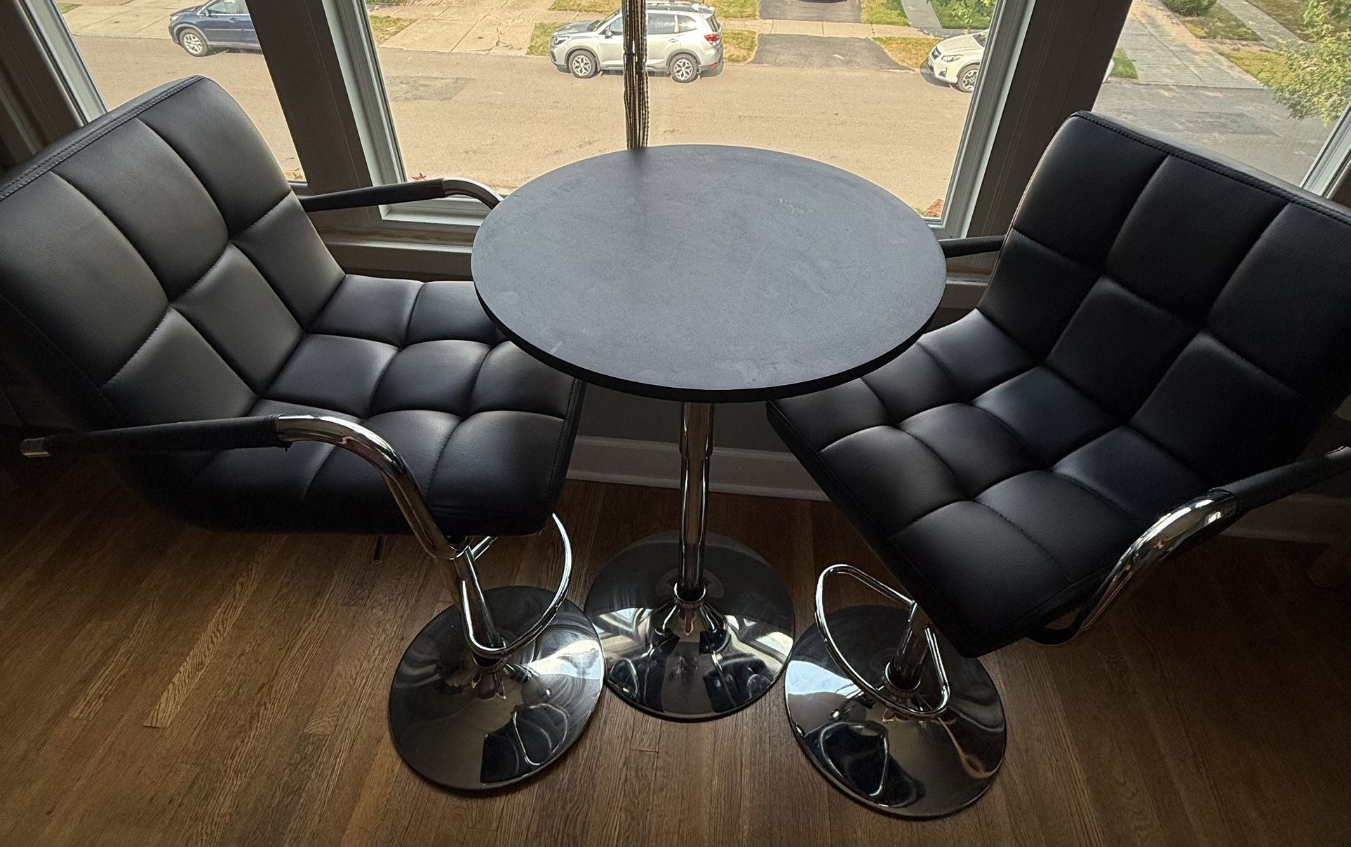 Black Leather High Bar Chairs And Table Set