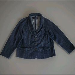 Baccini Women PL Dark Wash Jean Jacket Ruffle Collar Stretch Petite
.