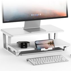 White Monitor Stand Riser 2 Tier, monitor stand for desk with Phone Holder and Cable Management -2 Tiers Monitor Riser, TV Riser Stand