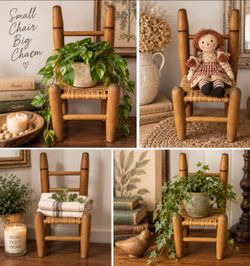 13” Miniature Wood Ladder Back Chair – Woven Seat – Primitive Farmhouse Doll Decor