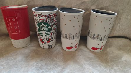 Starbucks (Set of 4) Latte Travel Cups, New w/tag Christmas Theme