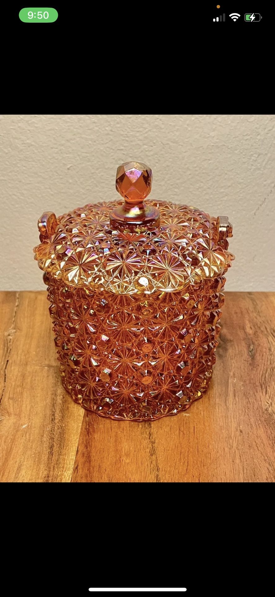 FENTON Daisy & Button 6” Carnival Iridescent Amber Glass Jar Signed S. Fenton