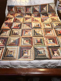 PENDING-Antique Log Cabin Comforter Quilt - 1880s/1900s Hand-Tied Patchwork (68.5" x 59.5")$200 CASH